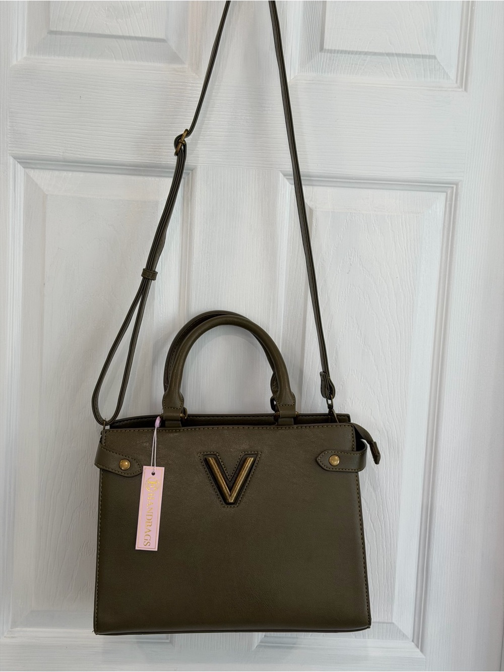 Olive Green Structured Satchel with V Accent